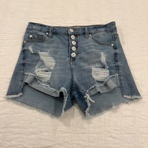 Celebrity Pink Denim Distressed Shredded Button Fly Front Shorts--Size 26